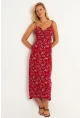 Kadın Kırmızı İp Askılı Çiçekli Midi Elbise GÇ172