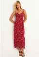 Kadın Kırmızı İp Askılı Çiçekli Midi Elbise GÇ172