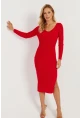 Kadın Kırmızı Sırtı Çapraz Triko Midi Elbise YZ407