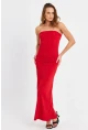 Kadın Kırmızı Straplez Yırtmaçlı Midi Elbise XC005