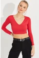 Kadın Kırmızı V Yaka Crop Bluz LPP1241
