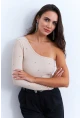 Kadın Krem Taşlı Tek Kol Crop Bluz HOL2