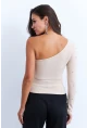 Kadın Krem Taşlı Tek Kol Crop Bluz HOL2