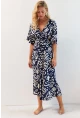 Kadın Lacivert Kruvaze Desenli Midi Elbise YZ1152