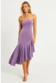 Kadın Lila Straplez Asimetrik Midi Elbise DMR337