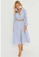 Kadın Mavi Çizgili Midi Gömlek Elbise PP5515