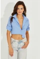 Kadın Mavi Crop Cepli Gömlek TD153