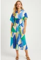 Kadın Mavi Desenli Kruvaze Midi Elbise HT108