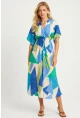 Kadın Mavi Desenli Kruvaze Midi Elbise HT108
