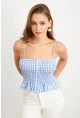 Kadın Mavi Ekose Lastikli Crop Bluz MTK13397