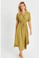 Kadın Midi Gömlek Elbise Haki Q984