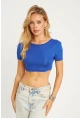 Kadın Saks Sırtı Açık Crop Bluz CG358