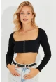 Kadın Siyah Agraflı Kaşkorse Crop Bluz EY2571