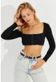 Kadın Siyah Agraflı Kaşkorse Crop Bluz EY2571