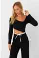 Kadın Siyah Asimetrik Crop Bluz EY2997
