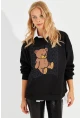 Kadın Siyah Ayıcık Baskılı Sweatshirt ZM288
