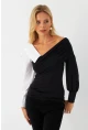 Kadın Siyah-Beyaz Kruvaze Bluz LİK8