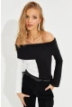 Kadın Siyah-Beyaz Madonna Yaka Bloklu Kaşkorse Bluz EY2585