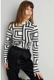 Kadın Siyah-Beyaz Yarım Balıkçı Desenli Bluz LPP1147