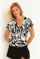 Kadın Siyah-Beyaz Zebra Desenli V Yaka Bluz AYD347