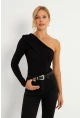 Kadın Siyah Çapraz Yaka Tek Kol Çıtçıtlı Body B5009