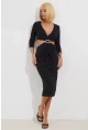 Kadın Siyah Dekolteli Büzgülü Midi Elbise BK1591