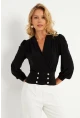 Kadın Siyah Düğme Detaylı Kruvaze Bluz ELT3188