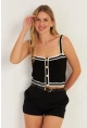 Kadın Siyah Düğme Detaylı Triko Crop Bluz MSS134