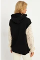 Kadın Siyah-Ekru Kolları Ajurlu Kapüşonlu Sweatshirt YLE12