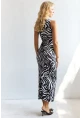 Kadın Siyah-Ekru Önü Büzgülü Desenli Midi Elbise HC1581