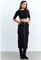 Kadın Siyah Fermuarlı Cepli Midi Etek ELT3999