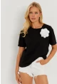 Kadın Siyah Gül Aksesuarlı T-Shirt SF12721