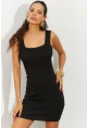 Kadın Siyah Kare Yaka Triko Mini Elbise SMT178