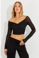 Kadın Siyah Kolları Tül Crop Bluz CG315