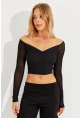 Kadın Siyah Kolları Tül Crop Bluz CG315