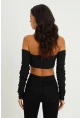 Kadın Siyah Kolu Büzgülü Crop Bluz B213