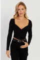 Kadın Siyah Kruvaze Crop Bluz LPP1252