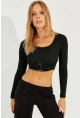 Kadın Siyah Kuşgözlü Crop Bluz CG299