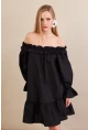 Kadın Siyah Madonna Yaka Midi Elbise PSG1012
