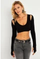 Kadın Siyah Omuzları Pencereli Kaşkorse Crop Bluz B5024