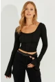 Kadın Siyah Ön Arka U Crop Bluz CG302