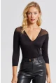 Kadın Siyah Ön Arka V Tül Detaylı Bluz Yİ2502