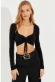 Kadın Siyah Önü Büzgülü Crop Bluz B3015