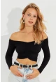 Kadın Siyah Önü Büzgülü V Yaka Crop Bluz B1977