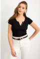 Kadın Siyah Önü Düğmeli Basic T-Shirt TOP07