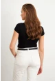 Kadın Siyah Önü Düğmeli Basic T-Shirt TOP07