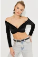 Kadın Siyah Önü Düğümlü Kadife Crop Bluz B2853