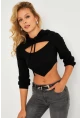 Kadın Siyah Pencereli Kapüşonlu Crop Bluz TF08