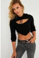 Kadın Siyah Pencereli Kapüşonlu Crop Bluz TF08