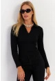 Kadın Siyah Polo Yaka Kaşkorse Bluz LON3006